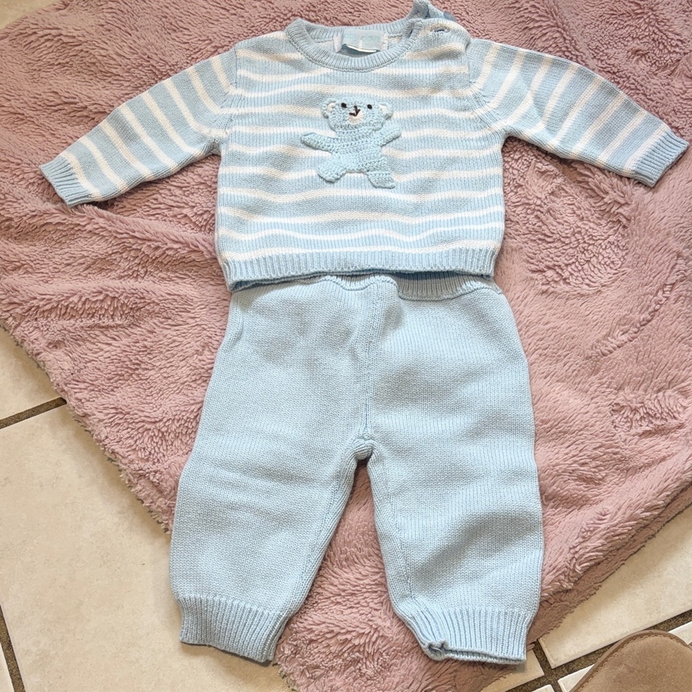 Baby Blue Knit Two-Piece Set with Bear